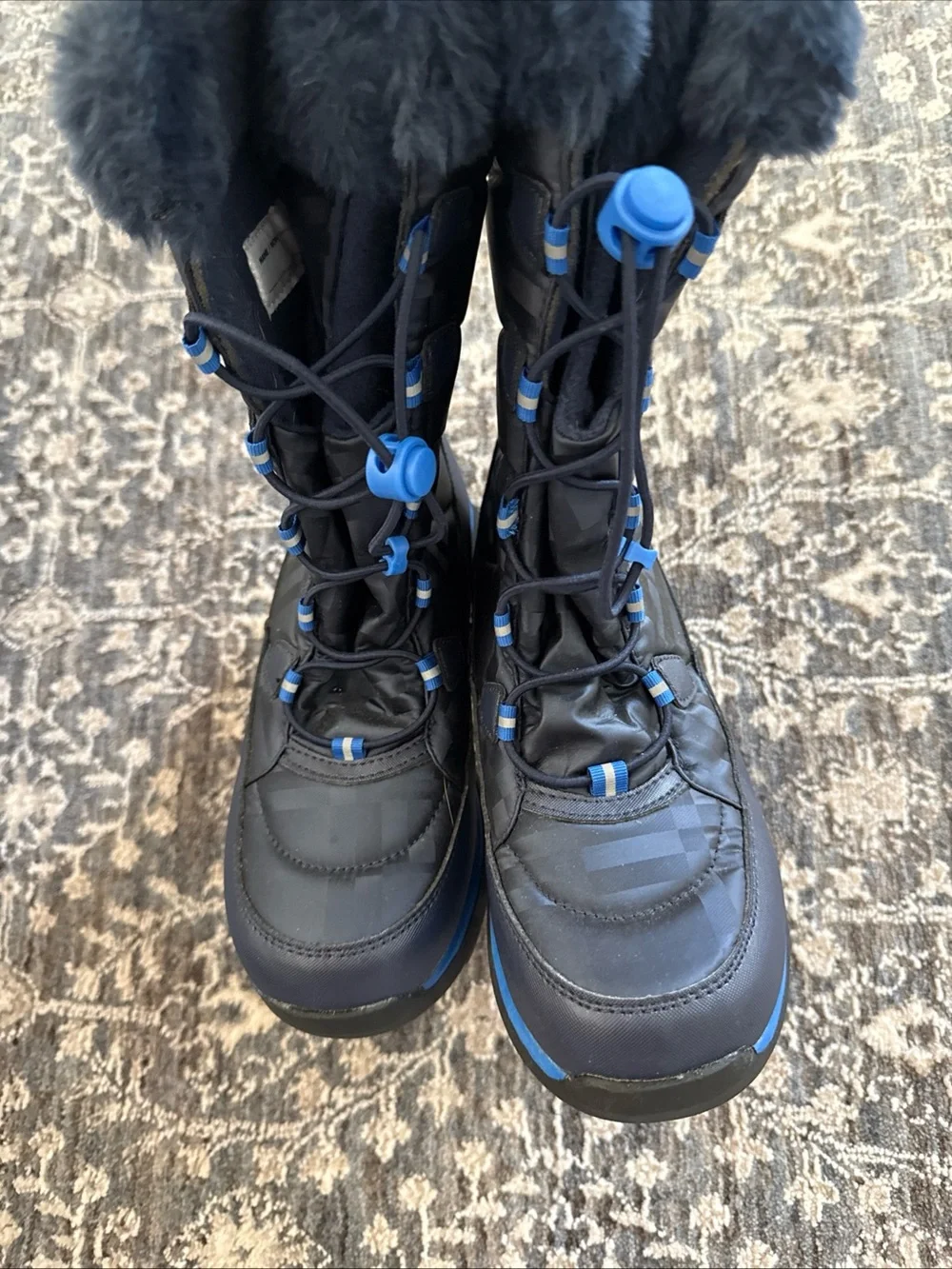 Youth Girls Lands’ End Navy Winter Snow Boots with Faux Fur Trim